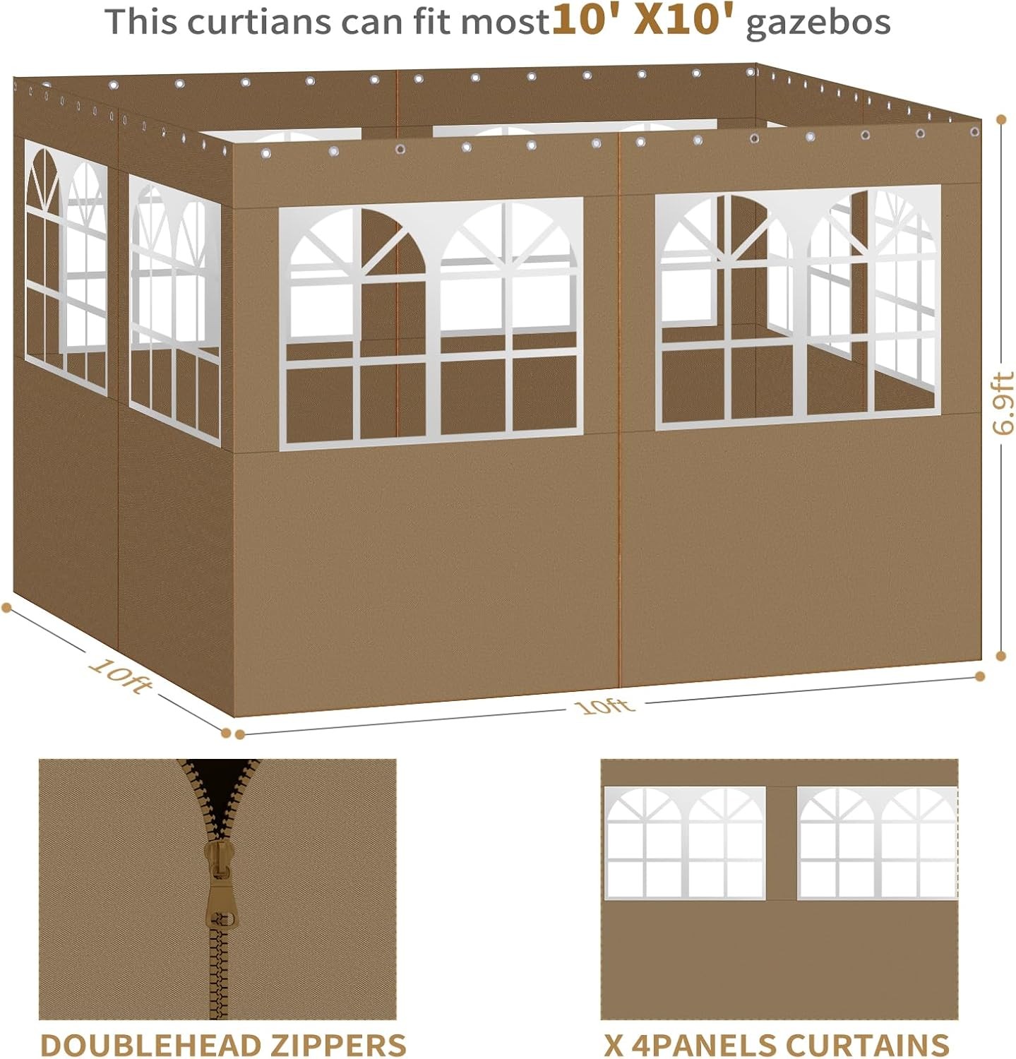 Gazebo Privacy Curtains 10′ X 10′ with PVC Windows, 4-Panels Side Wall with Zipp