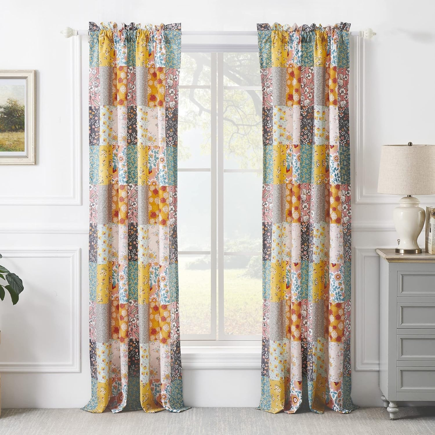 Carlie Semi-Sheer Curtain Panels Set of 2, 84″x50″, Calico Patches