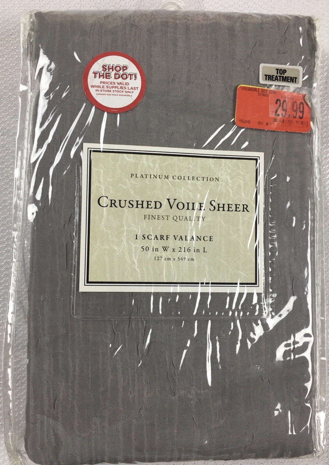 Platinum Collection Crushed Voile Sheer Scarf Valance-Grey 216″ x 50″ – New