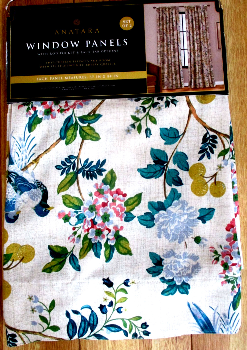 Anatara Birds Floral Curtains Window Panels Drapes 84” Teal Blue Golden Yellow