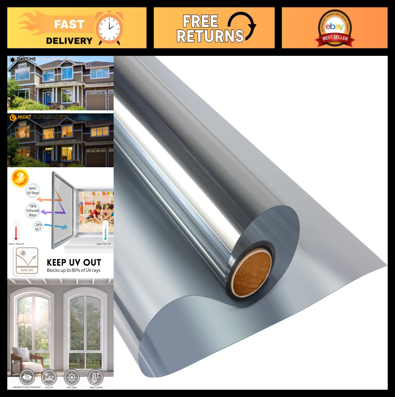 One Way Daytime Privacy Window Film – Static Cling Sun Blocking Anti-UV Tint 23.