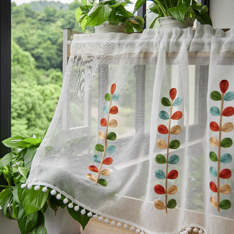 Embroidered Shade Curtain Kitchen Half Window Pole Type Coffee Valance Curtain