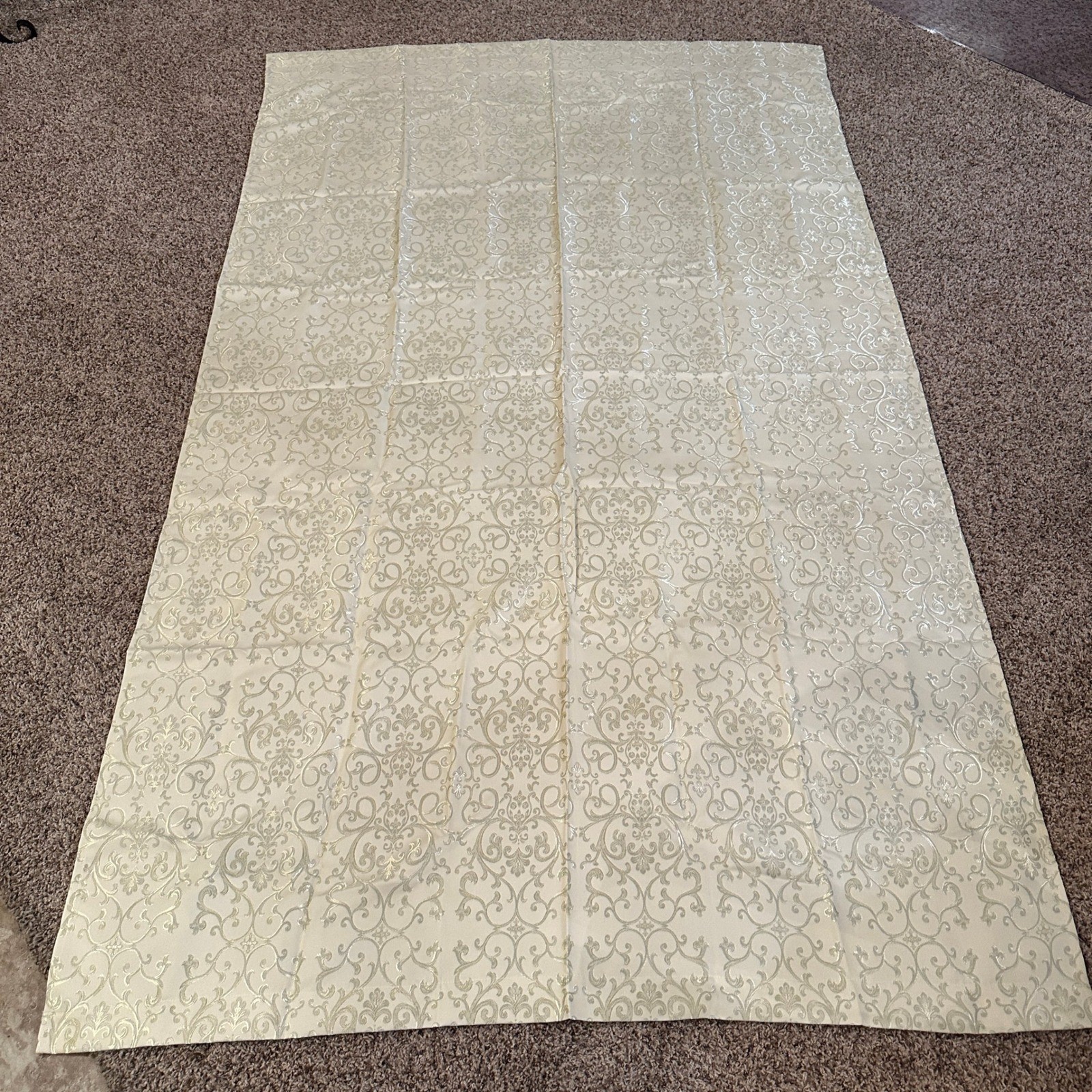 VTG Champagne Silver Damask Curtain Panel 52×86 Metallic Scroll Brocade USA Made