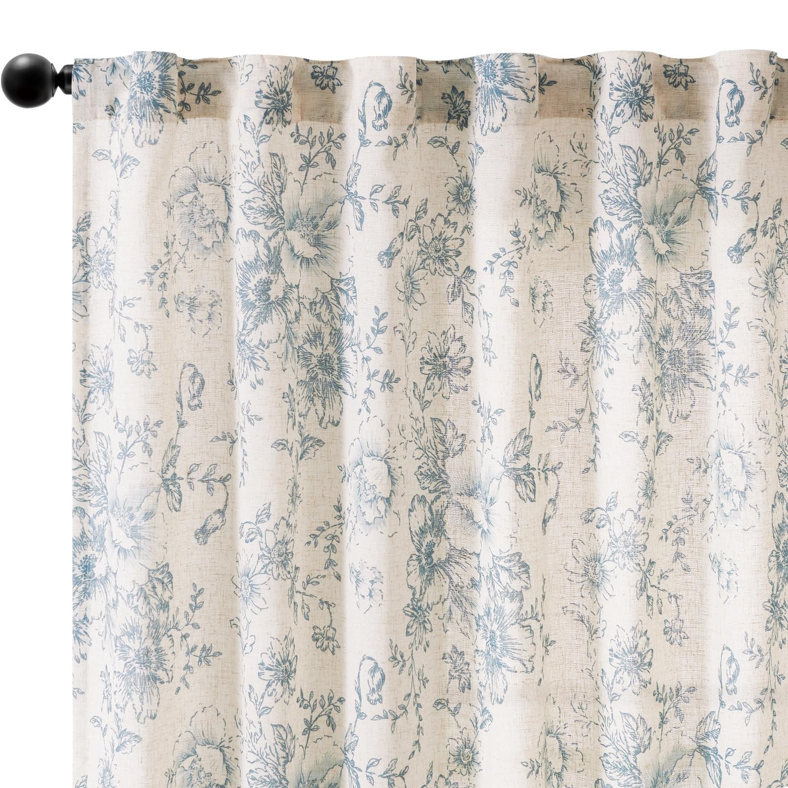 Linen Blend Curtain Floral Curtains for Living Room 84 Inch Length Blue Print…