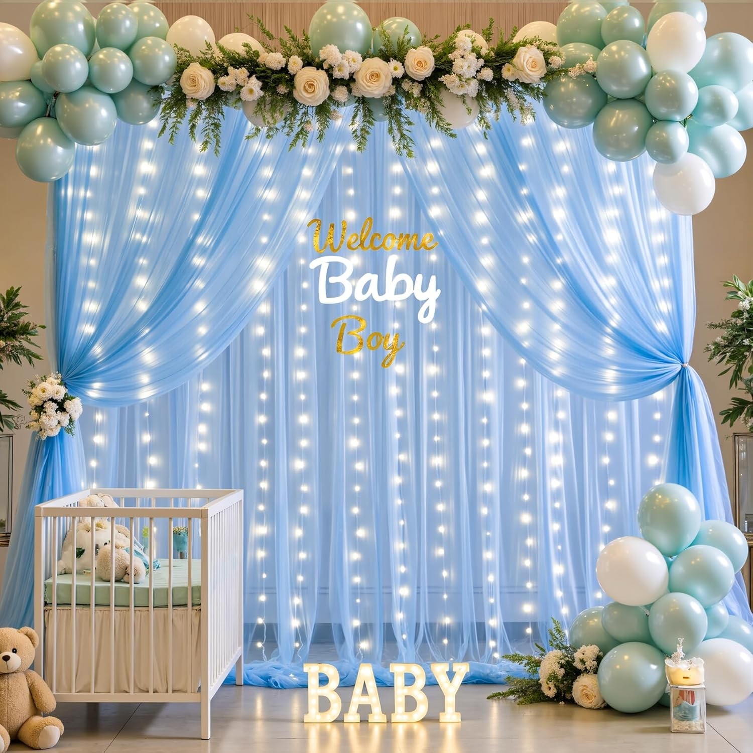 Soft Baby Blue Tulle Backdrop & LED Lights: Perfect for Celebrations 10ft x 8ft