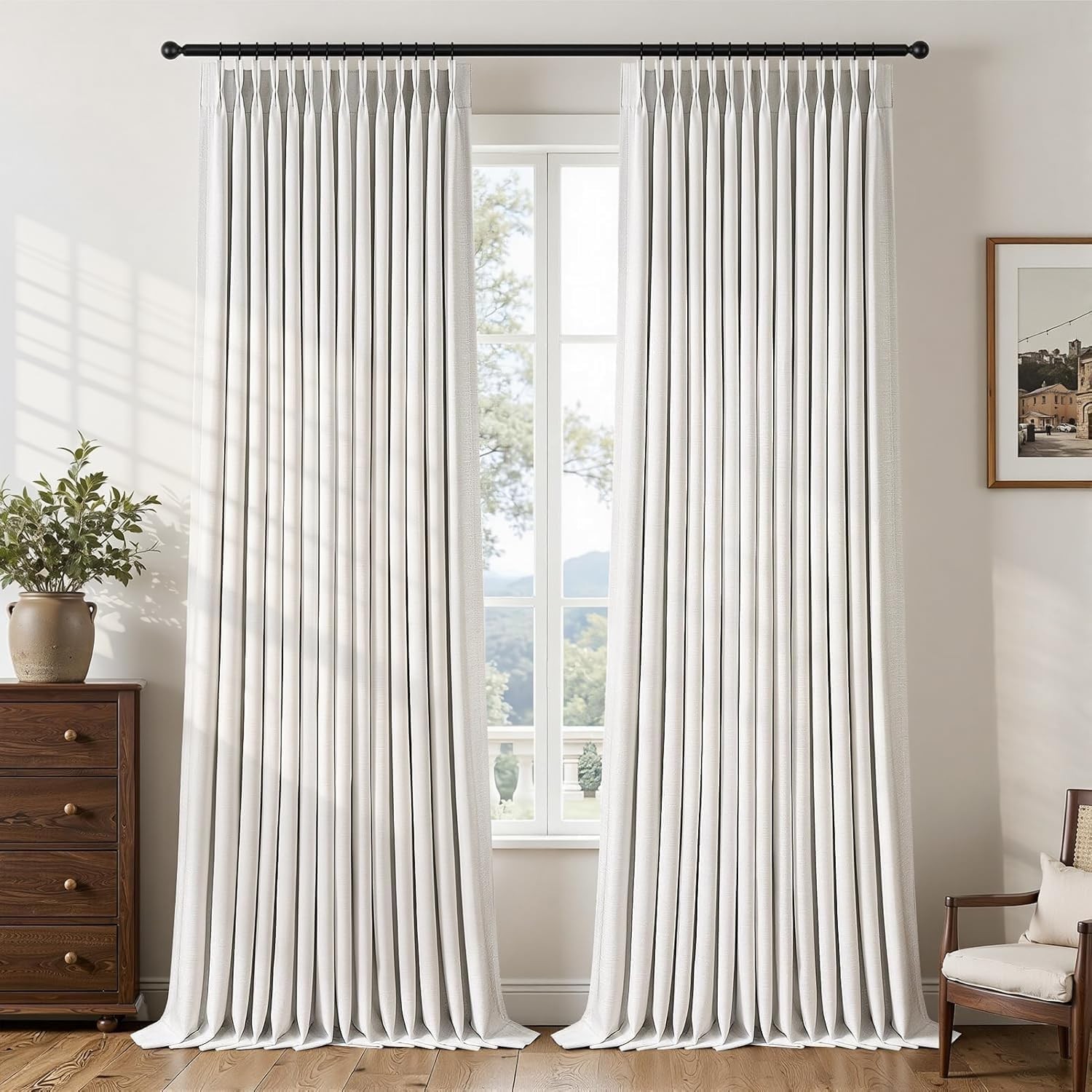 96 Inch Pinch Pleated Blackout Curtains Double Layer for Bedroom, Natural Beige