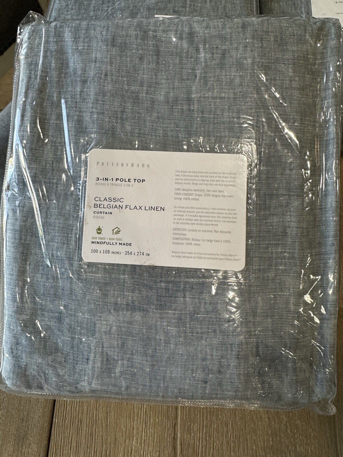 Pottery Barn Classic Belgian Flax Linen Drape ONE 100×108″ Chambray