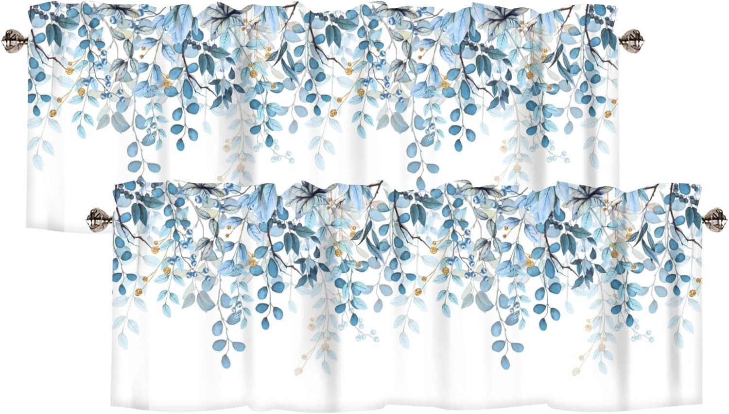2 Panels Dark Blue Eucalyptus Leaves Short Curtain Valance Windows 42x12in