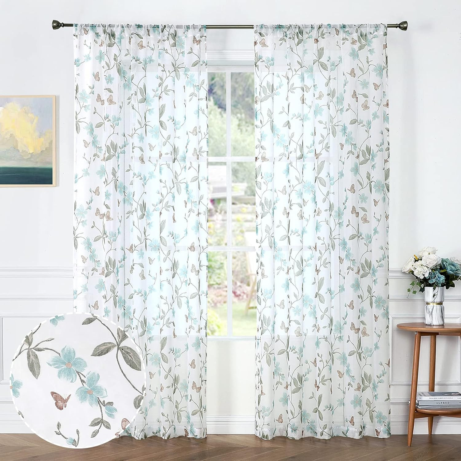 Sheer Floral Tier Curtain Yellow Flower Butterfly Printed Half Window Curtains R