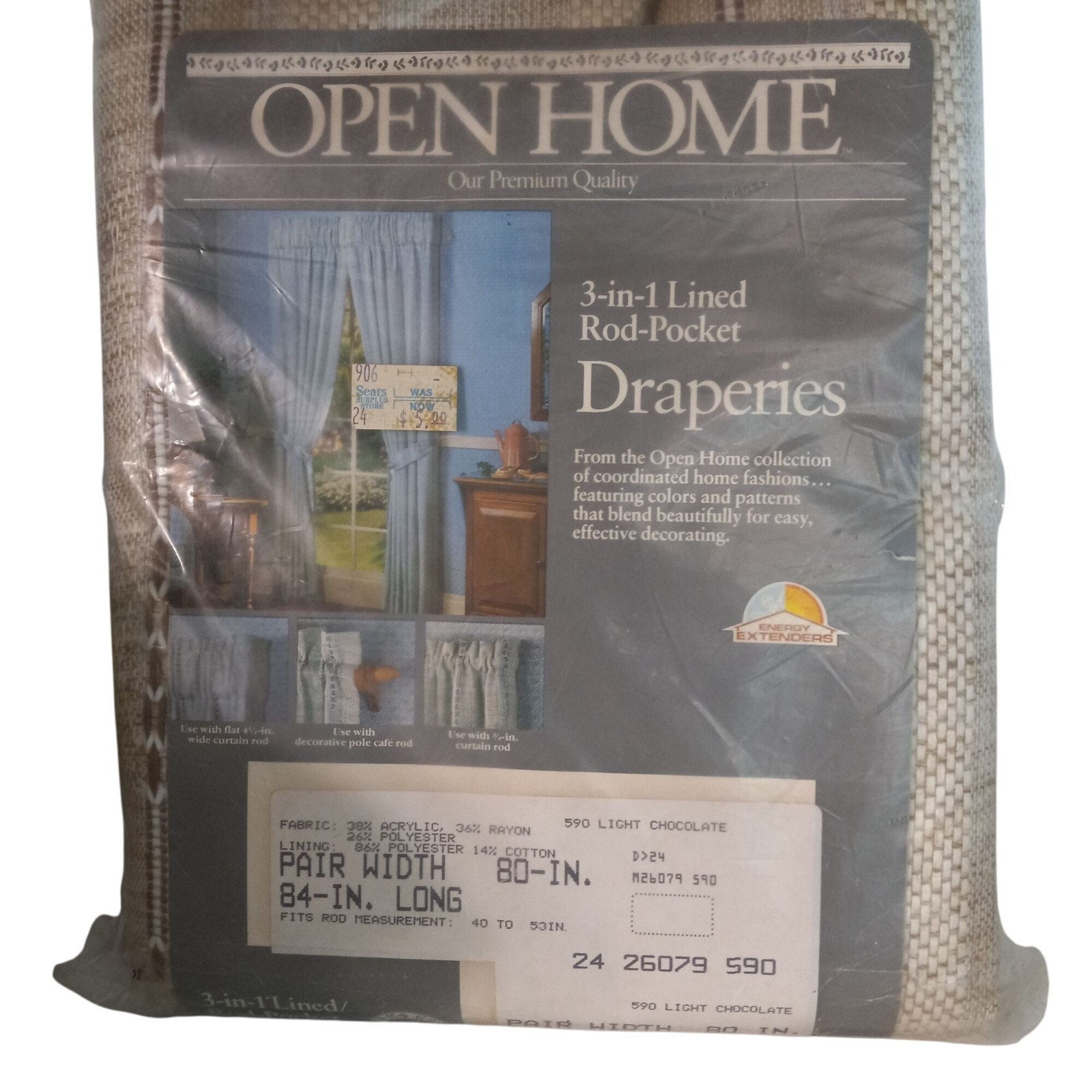 Sears 3-In-1 Lined Rod-Pocket Draperies Pair 80″ x 84″ Light Chocolate Vtg NEW