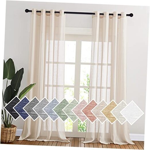 Linen Textured Sheer Faux Flax Window Curtains, 52″W x 96″L (Pack of 2) Beige