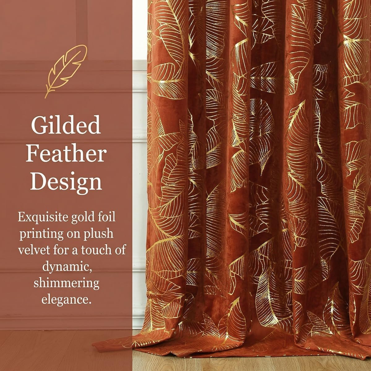 Elegant Burnt Orange Velvet Curtains with Gold Foil Print – 84″ Long, 2 Panels