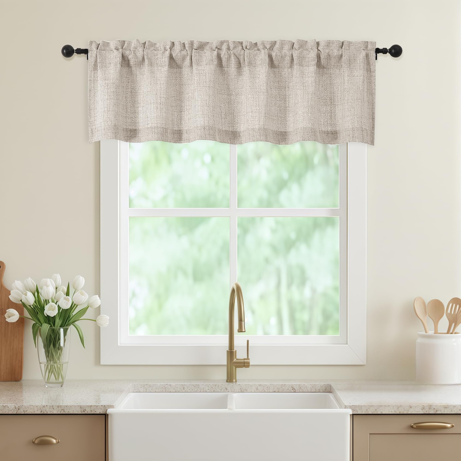 Linen Valances for Windows, Light Filtering Faux Linen Textured Small Short W…
