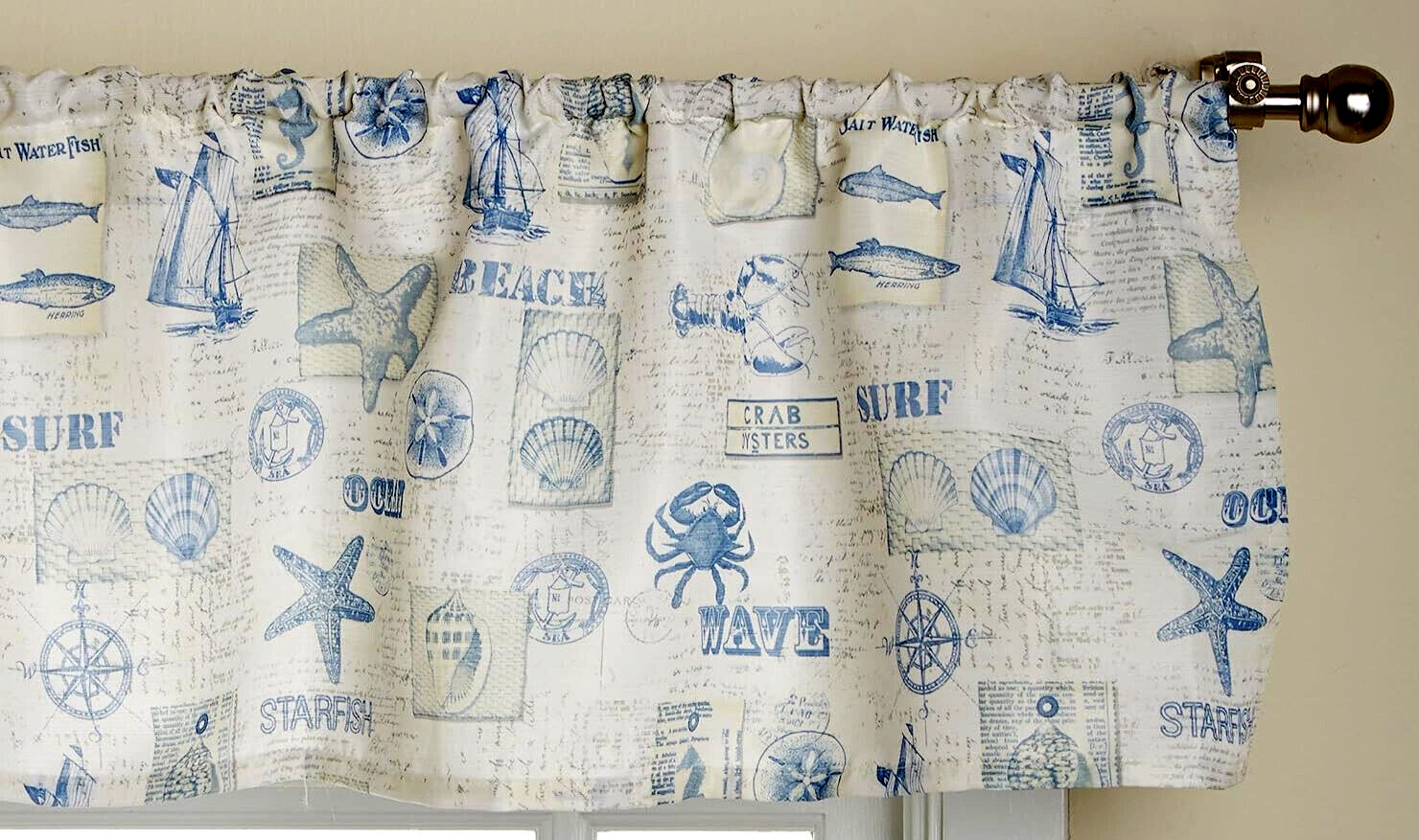 By The Sea Blue Window Valance Marine Starfish Crab Nautical Seashells Fish