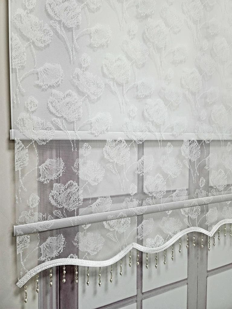 Flower Patterned Beaded Double Mechanism Tulle Roller Blinds Curtain, Light