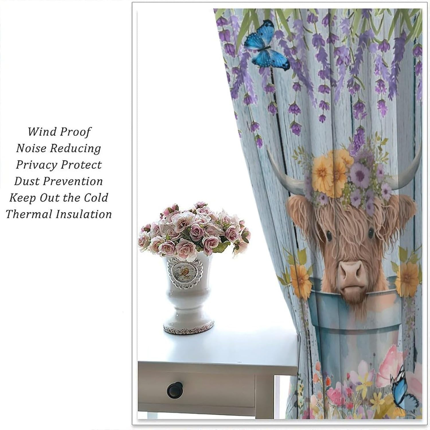 Highland Cow Curtains Farmhouse Animal Rustic Flower Butterfly Planks Window Tre