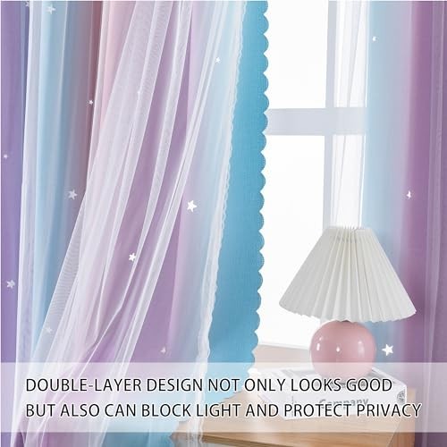 Dream Star Blackout Curtains for Kids Room, Princess Design, Pink Purple, 34×84