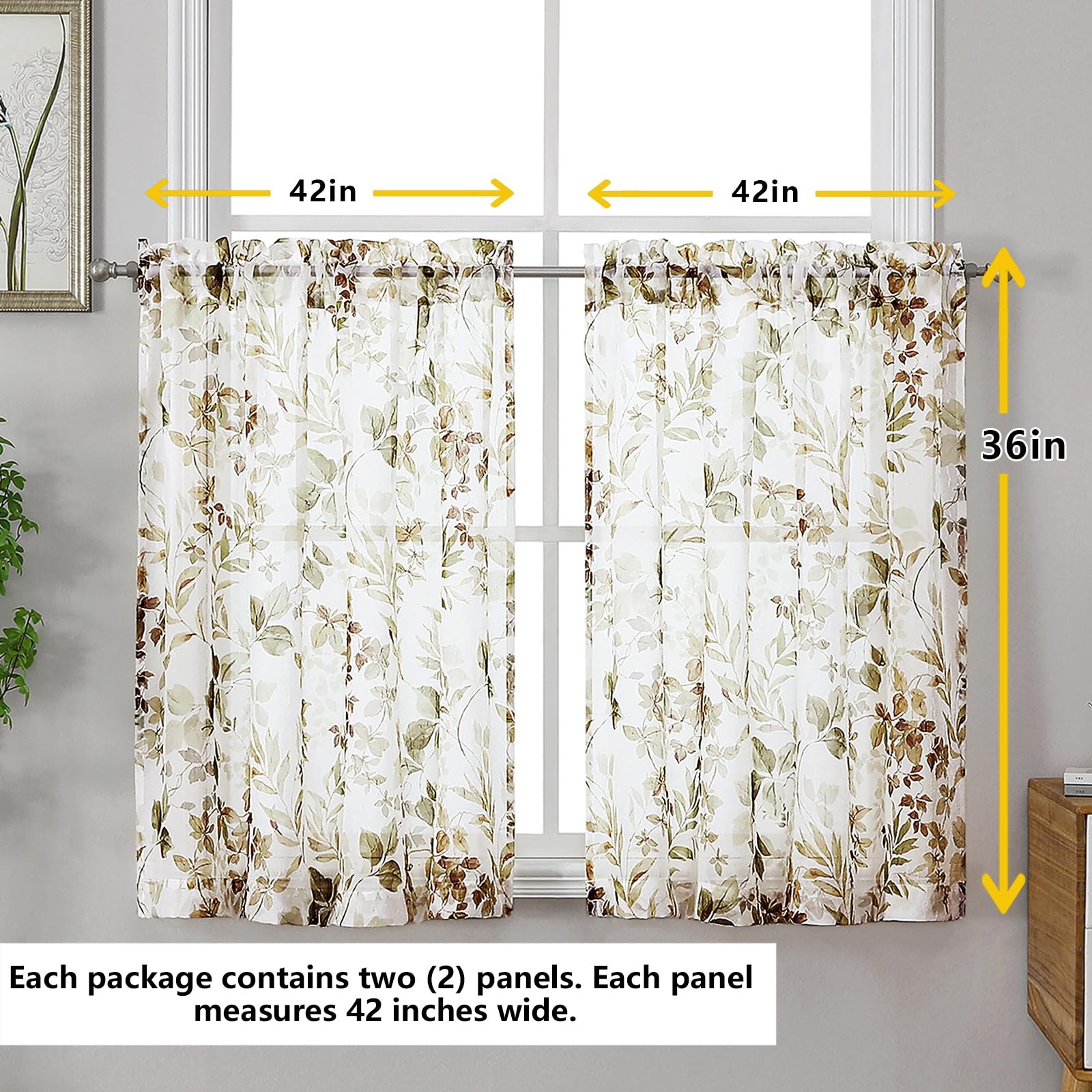 OWENIE Crushed Sheer Curtains Tiers 36 Inch Length 2 Panels, Printed Design S…