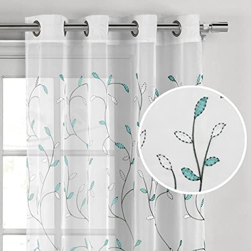 Sheer Curtains 63 Inch Length Embroidered Floral Curtains, Extra Wide Sheer