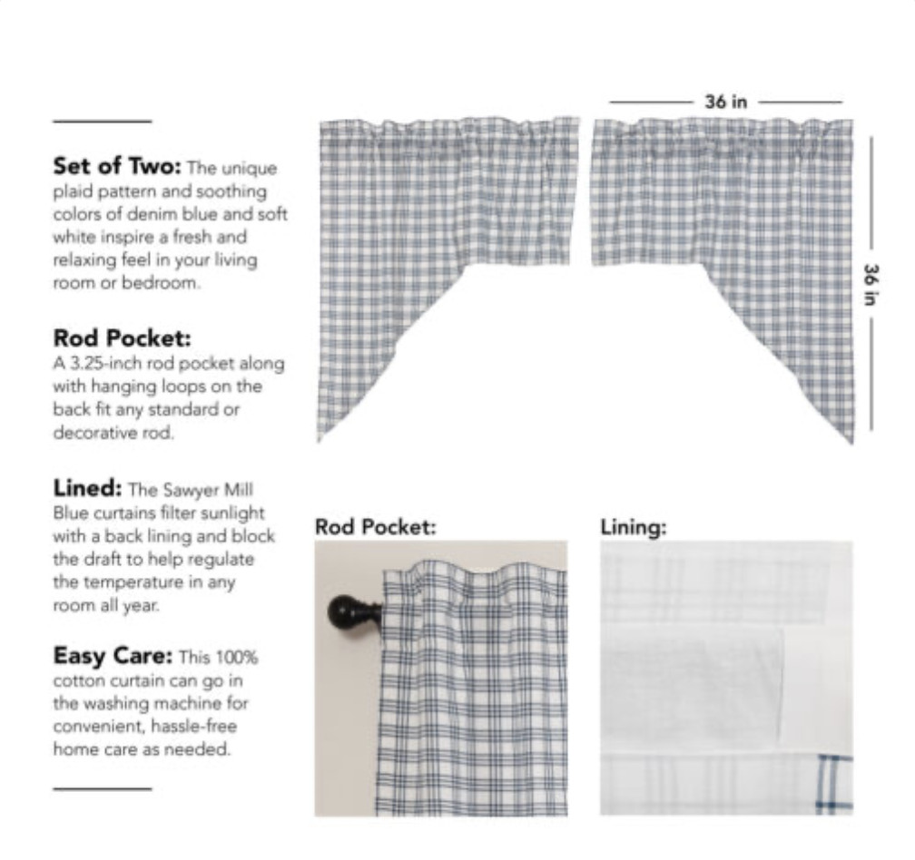 Sawyer Mill Blue Plaid Swag Set – Primitive Farmhouse Curtain Set 36x36x16
