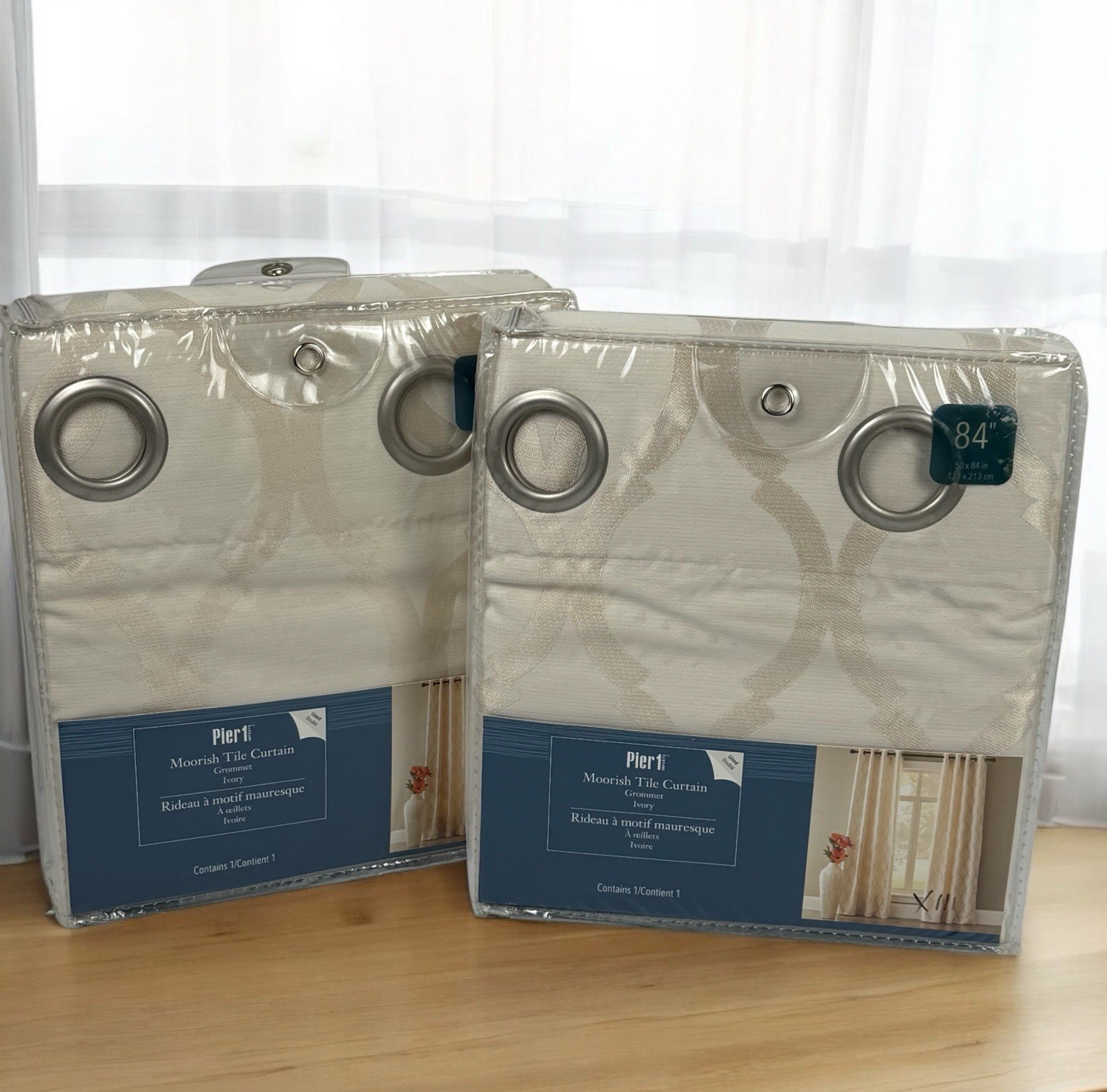 Pier 1 Moorish Tile Lined Curtain Panel Grommet Ivory Beige 84″ x 50″ Set of 2