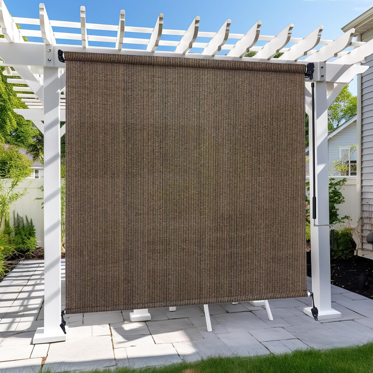 8’x8′ Mocha Outdoor Roller Shade – Cordless Patio Blinds for Pergola