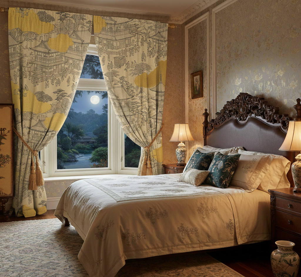Traditional Asian motif Dense Floral , Living Room 70% Light Blocking