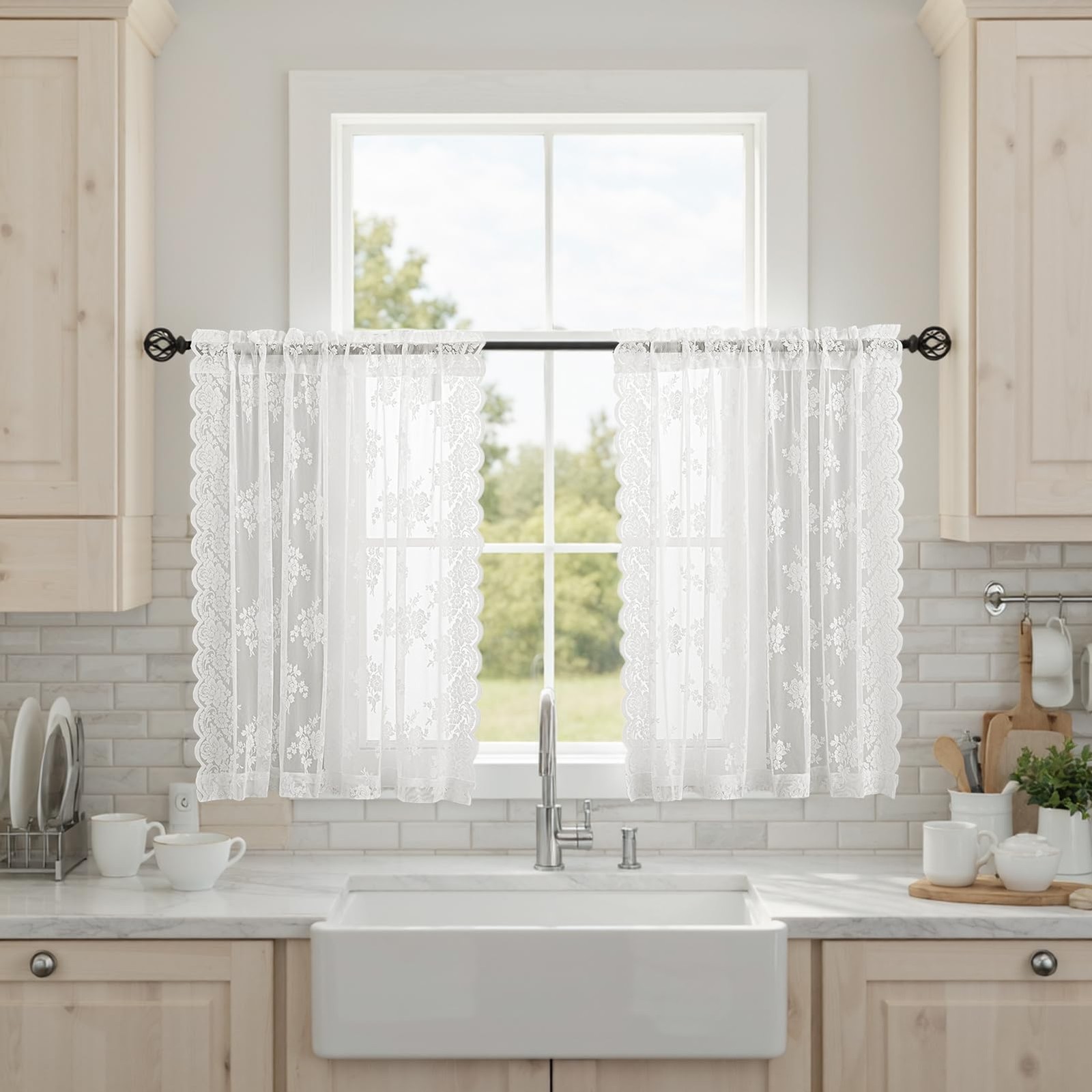 Kotile Ivory Lace Curtains 36 Inch Length 2 Panels, Country Rustic Floral Lac…