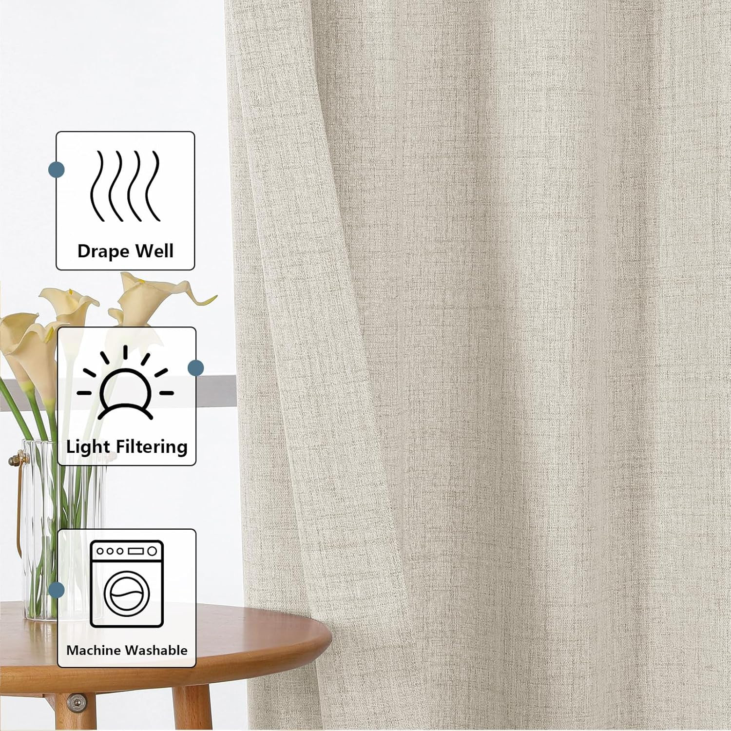 Natural Cafe Curtains 24 Inch Length, Light Filtering Faux Linen Slub Textured S