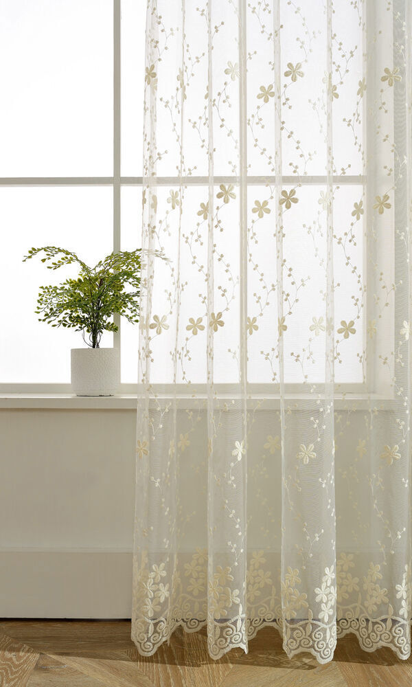 Sheer Curtains Lace Tulle Flower Embroidered Voile Fresh Beige Partition 1 Panel