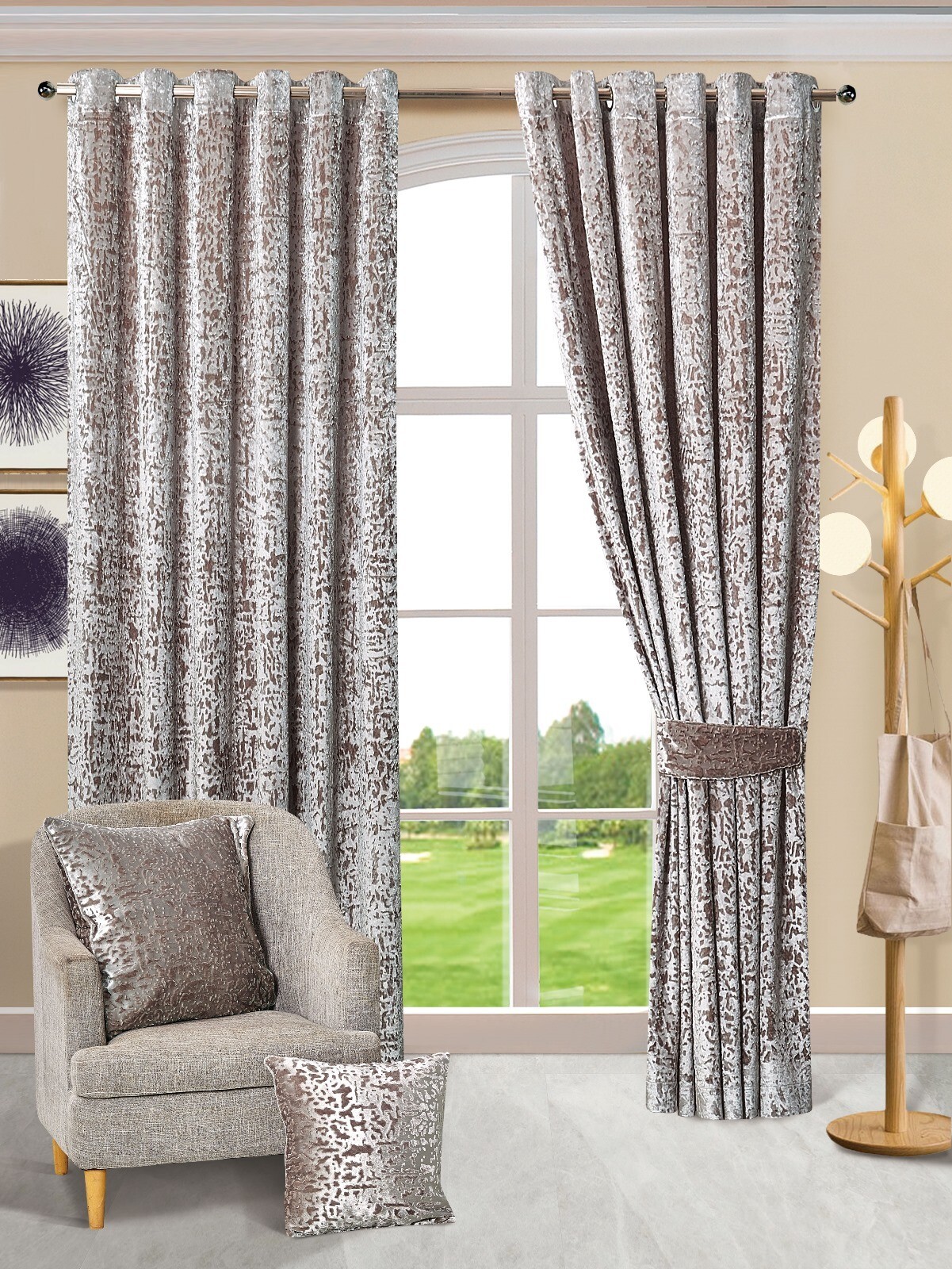 Plush Crushed Velour Faux Velvet Eyelet Ring Top Luxary curtains Pair Curtains