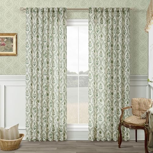 Green Floral Linen Curtains 84 Inch Length 52″W x 84″L (Pack of 2) Olive Green