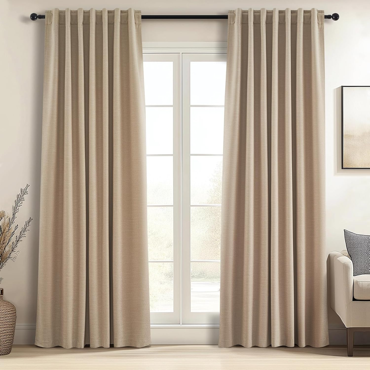 Linen Textured Blackout Curtains 92″ Long – 2 Panels Tan Taupe