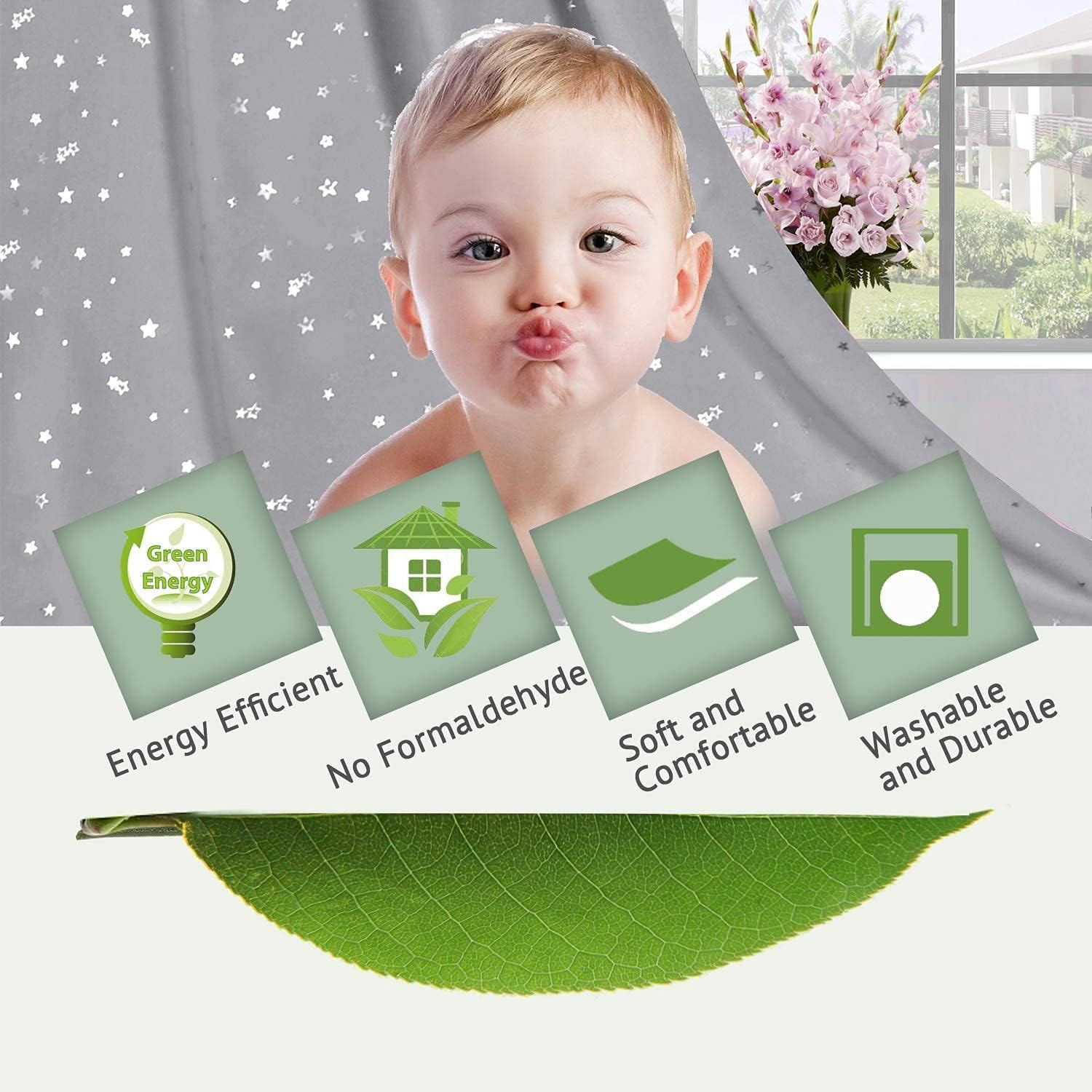 Blackout Star Curtains for Kids Room Boys Girls Twinkle Silver Stars Thermal