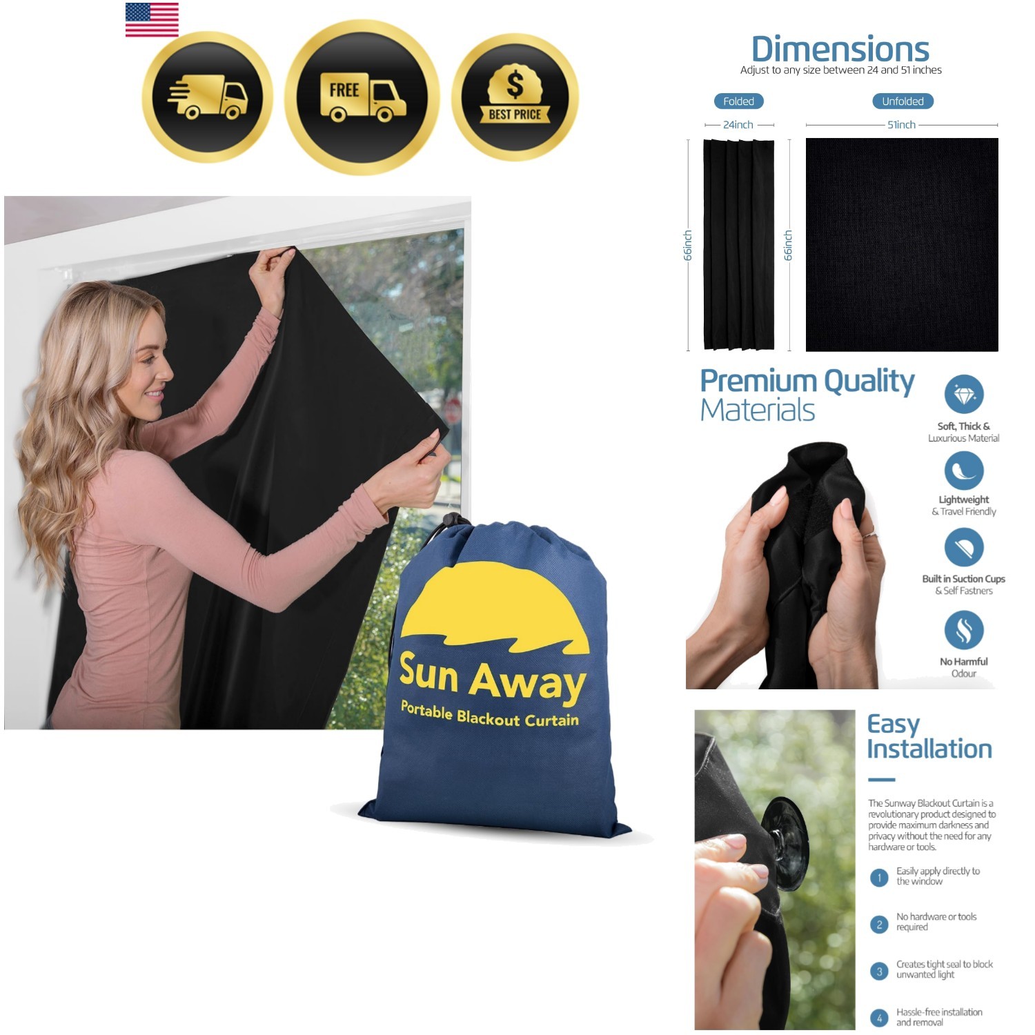 Blackout Curtain Portable Suction Cup Room Darkening Travel Shade