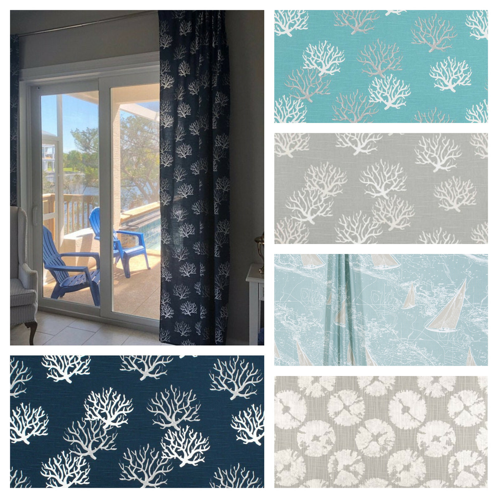 Beach House Curtains Aqua Navy Blue Gray Curtain Panels Nautical Coastal Decor
