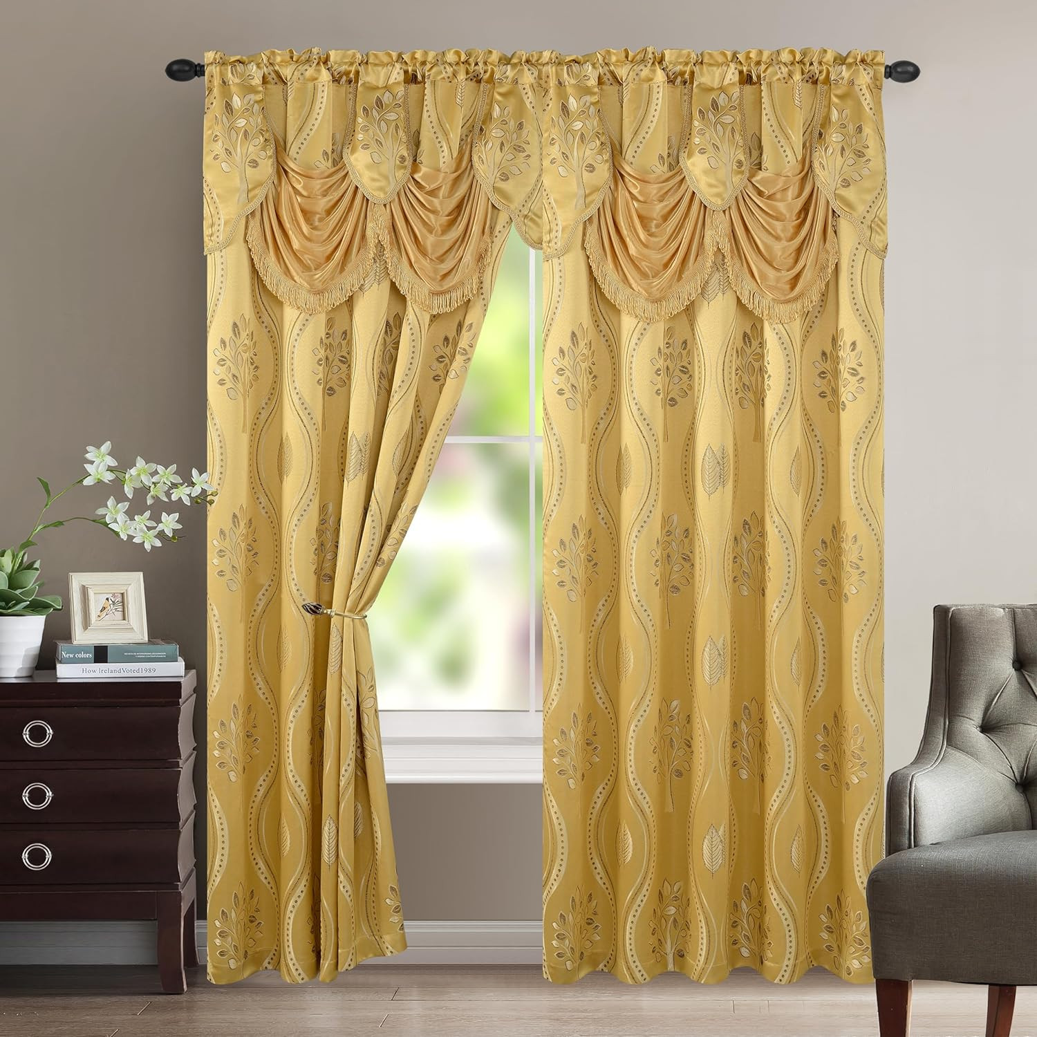 Aurora Jacquard Look Curtain Panel Set with Attached Valance 54″ X 84 Inch (Set