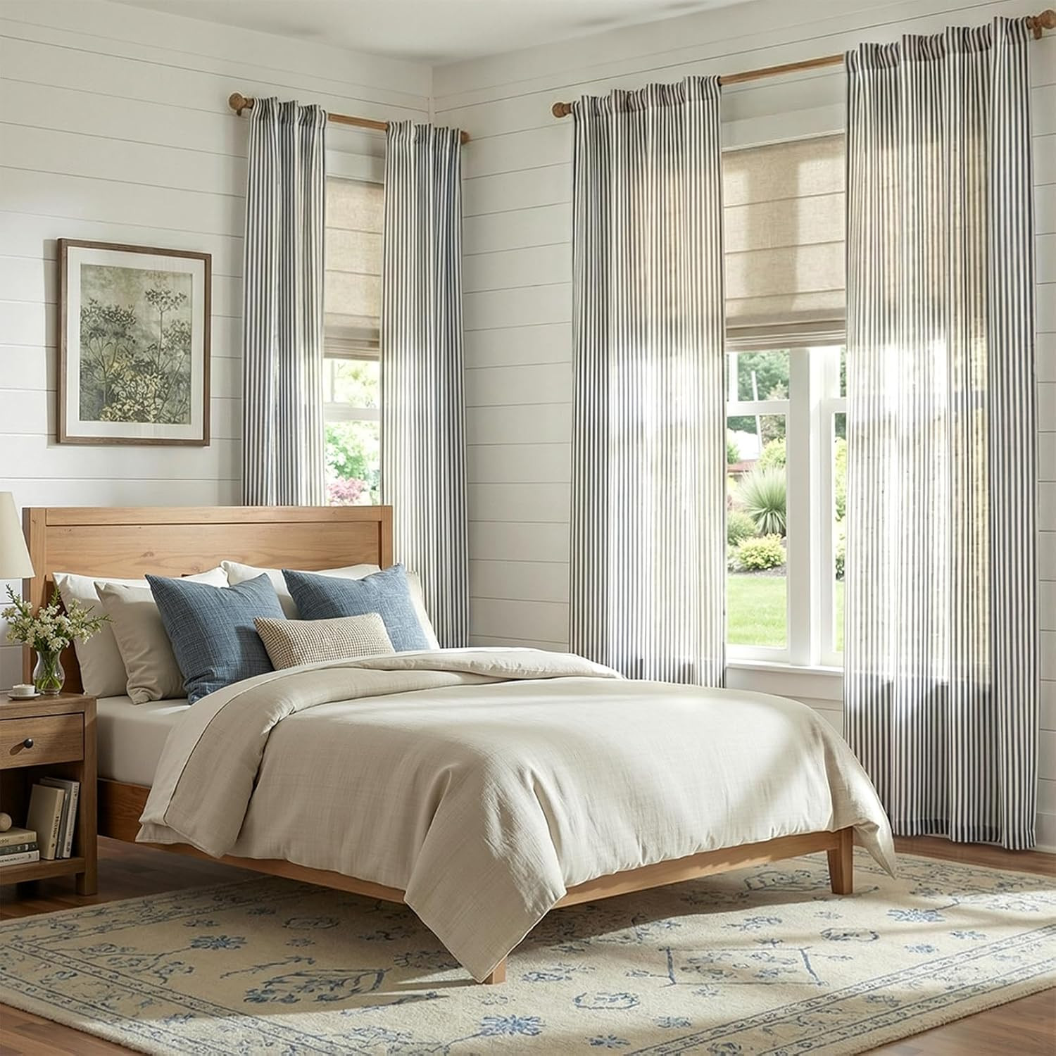 jinchan Linen Curtains for Living Room Blue on Beige Striped Curtains for Bedroo