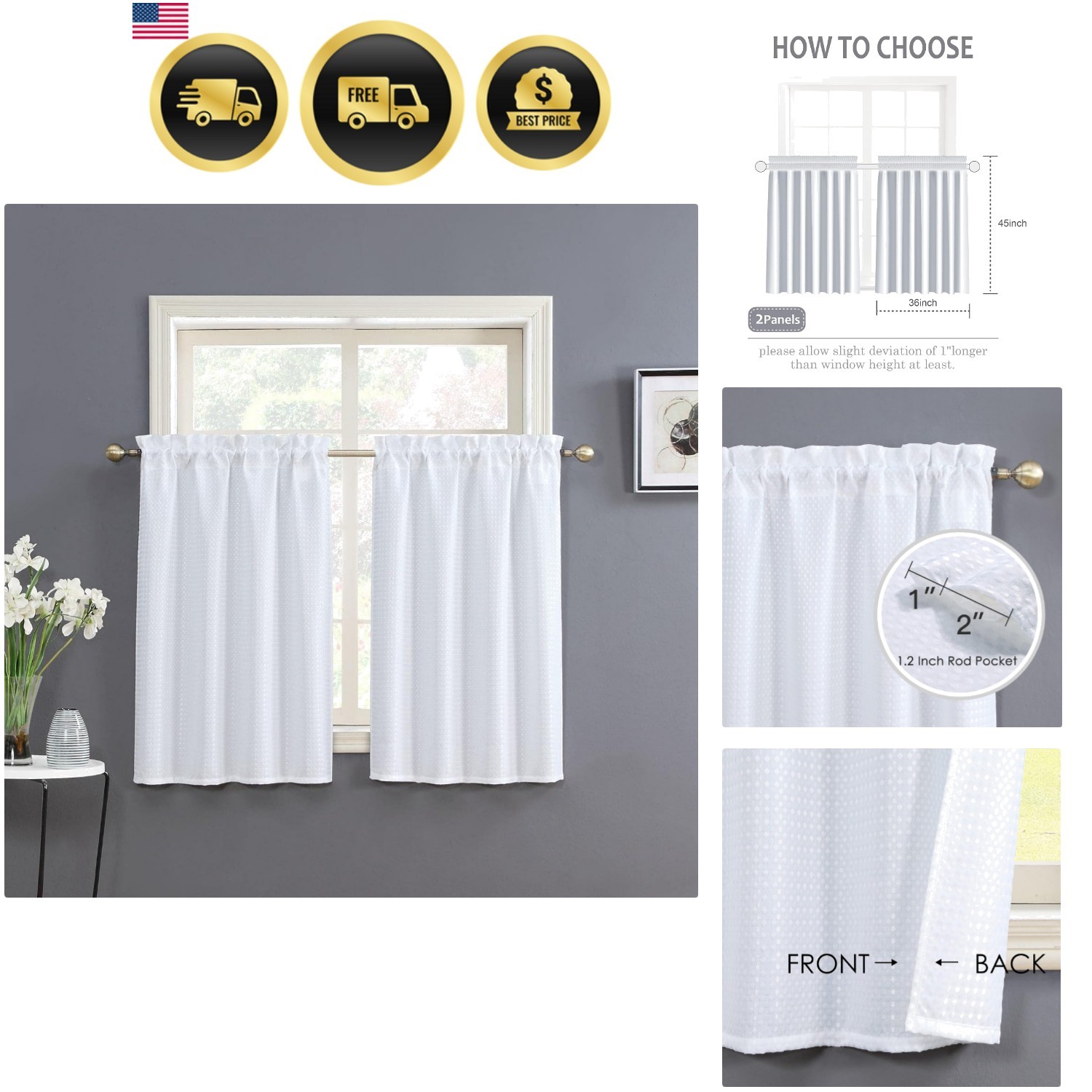 White Water Resistant Bathroom Window Curtain, Dot Waffle Textured Half Tier …