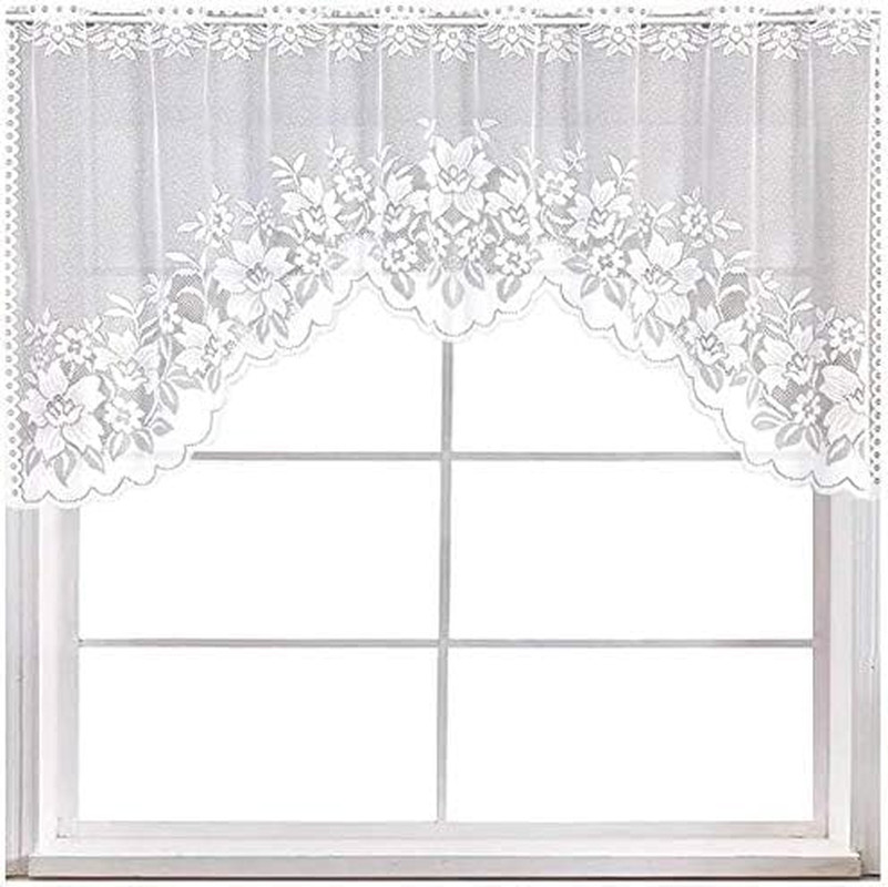 White Lace Swag Curtains for Kitchen, Sheer Floral Embroidery Window Valances Ho