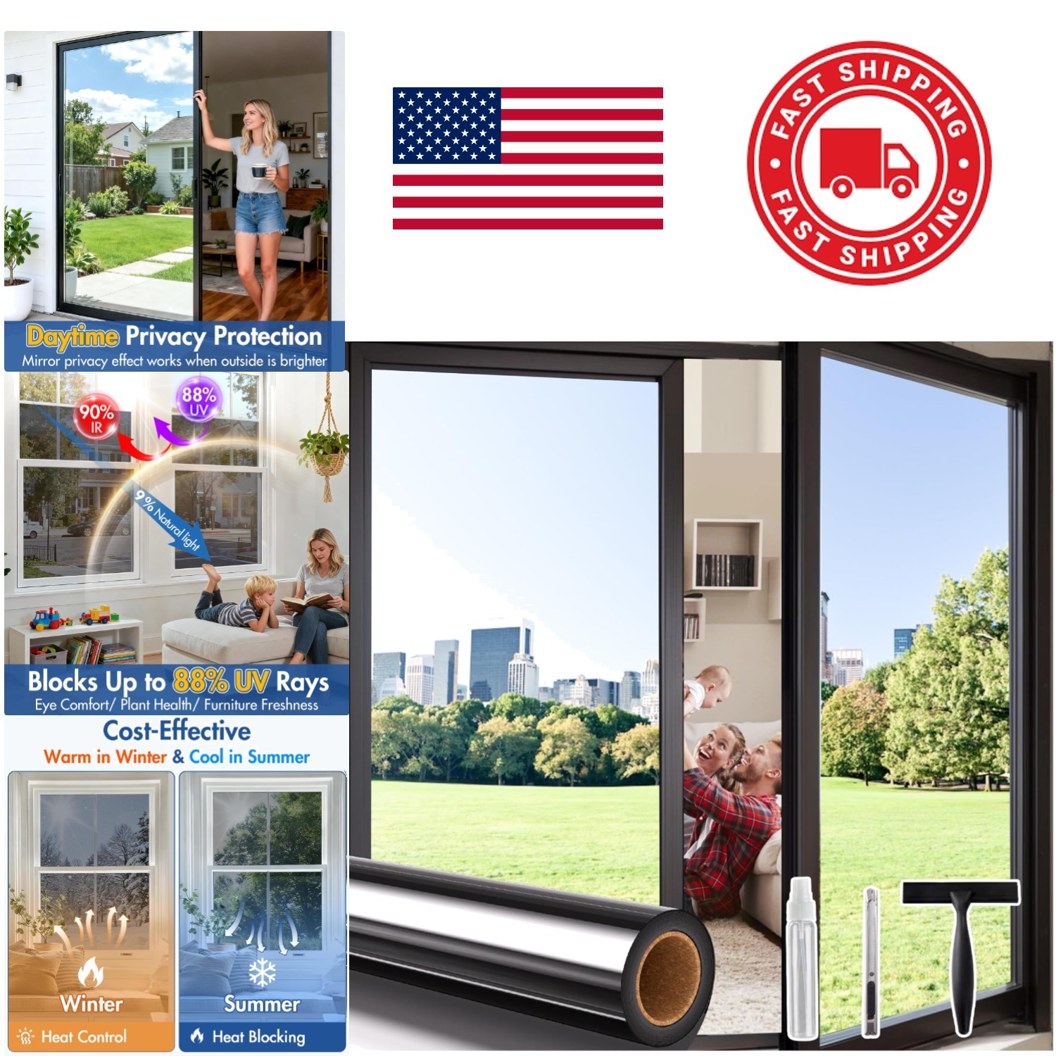One Way Privacy Window Film 35.4 x 78.7 Inch Black Reflective Heat Control
