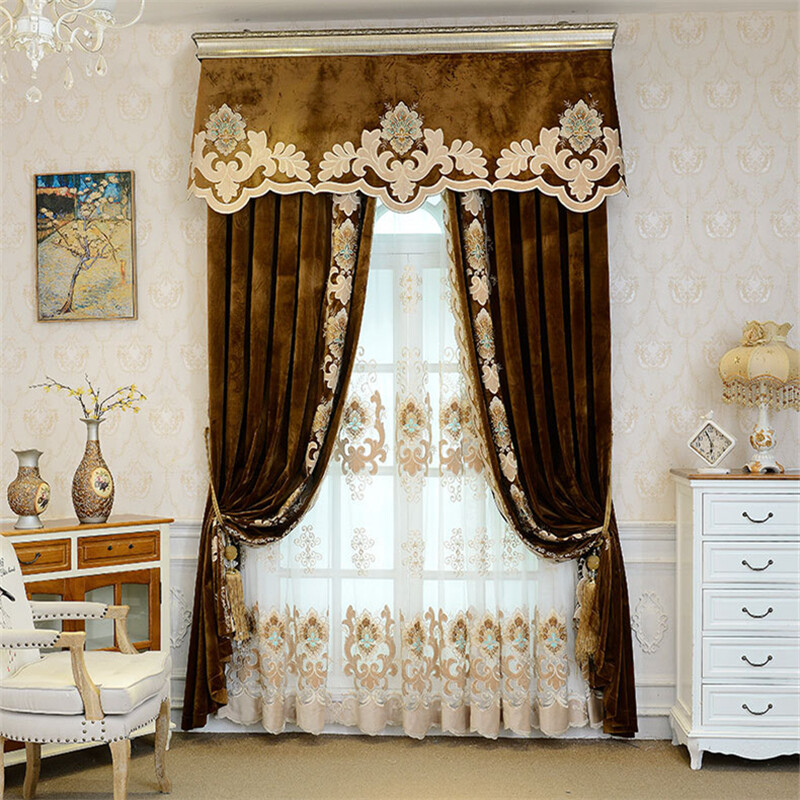 Custom luxury flannelette embroidered coffee velvet cloth curtain valance C1692