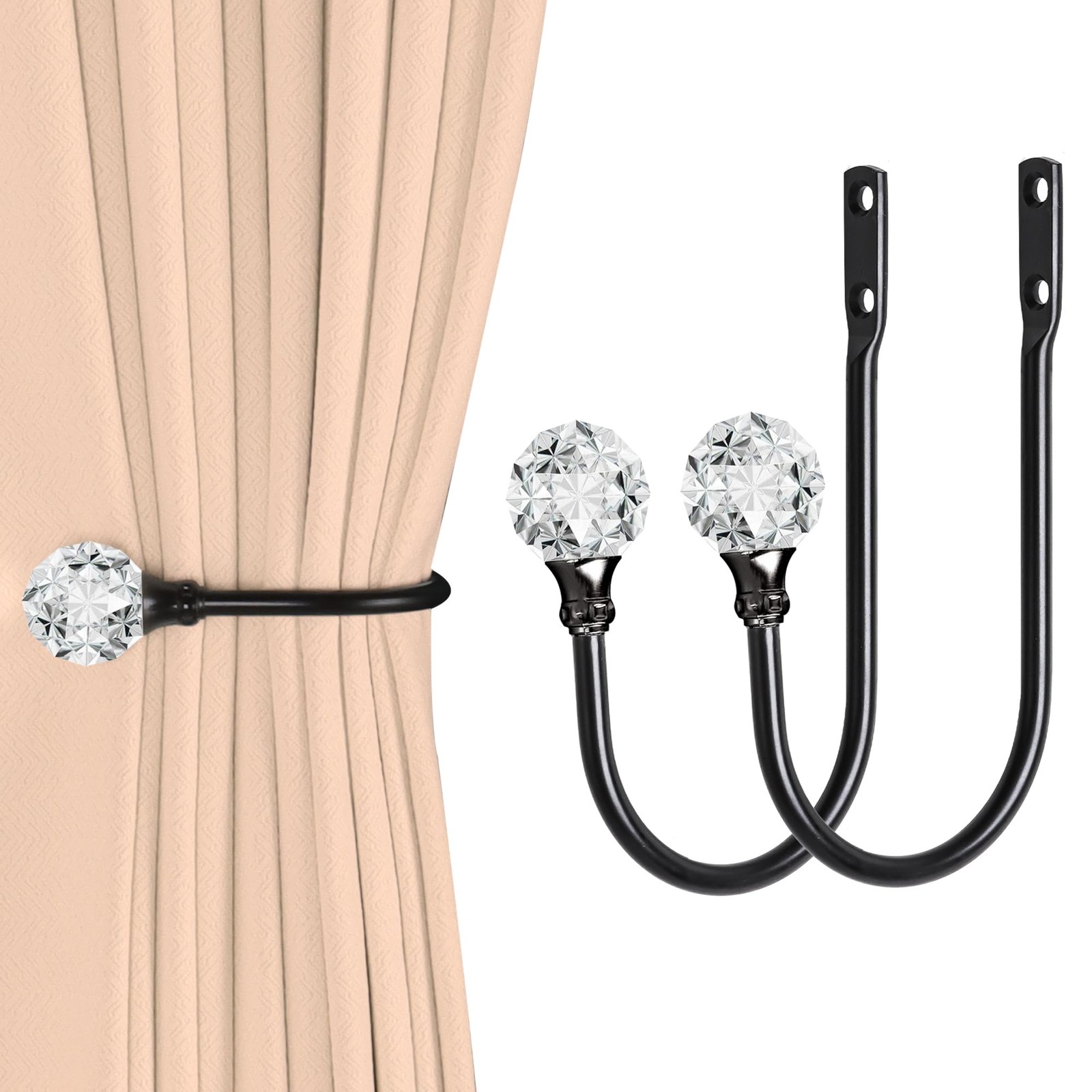 2Pcs Heavy Duty U Shape Metal Curtain Holdbacks Curtain Tiebacks w/ Crystal Ball