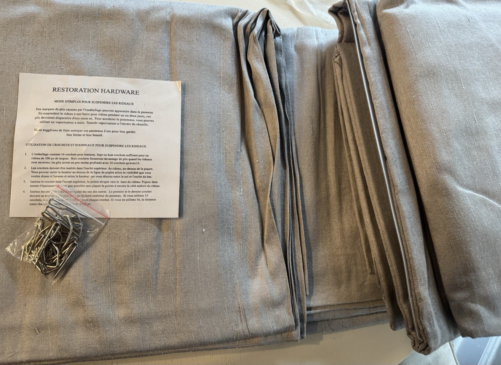 RH Restoration Hardware Silk Dupioni Drapery Rod Pocket DBL panel Dove-100”x96”L
