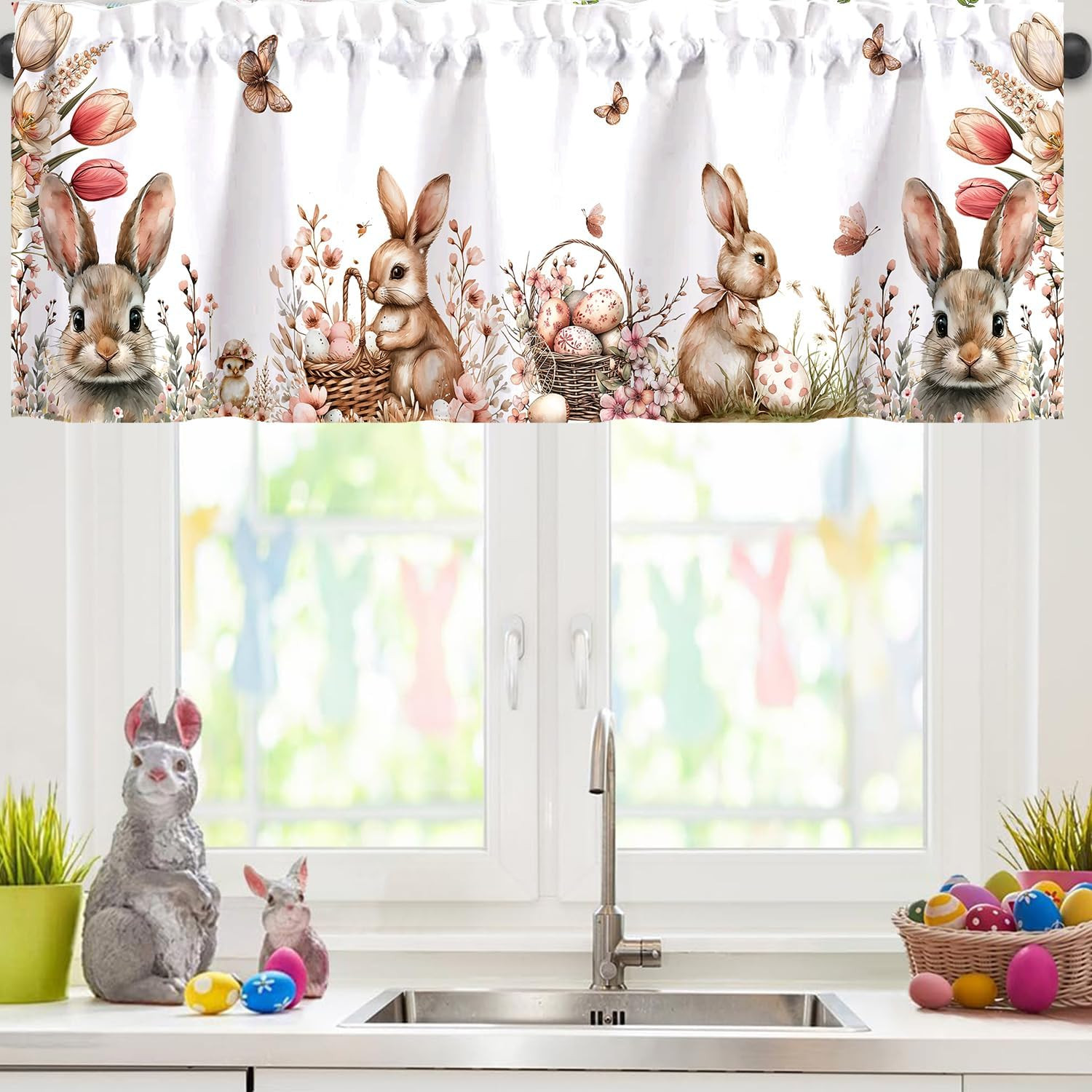 Easter Watercolor Bunny Wildflowers Window Valance 54″ W X 18″ L