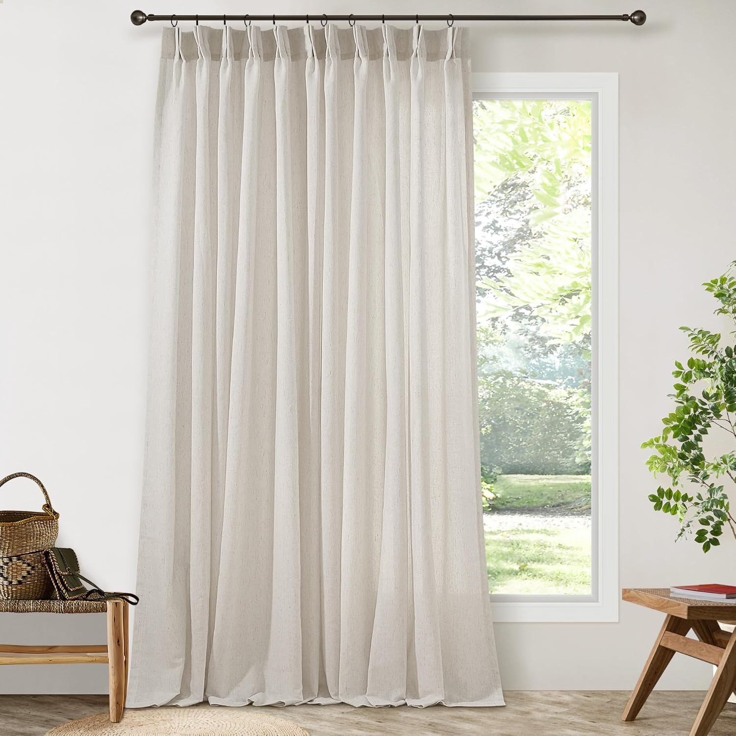 Pinch Pleat Linen 100 Inch Wide Curtains 90 Inches Long for Living Room Light Fi