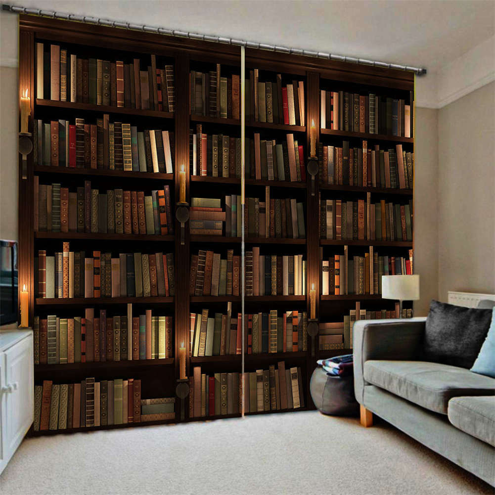 Brown Bookshelves Nice Simple Printing 3D Blockout Curtains Fabric Window