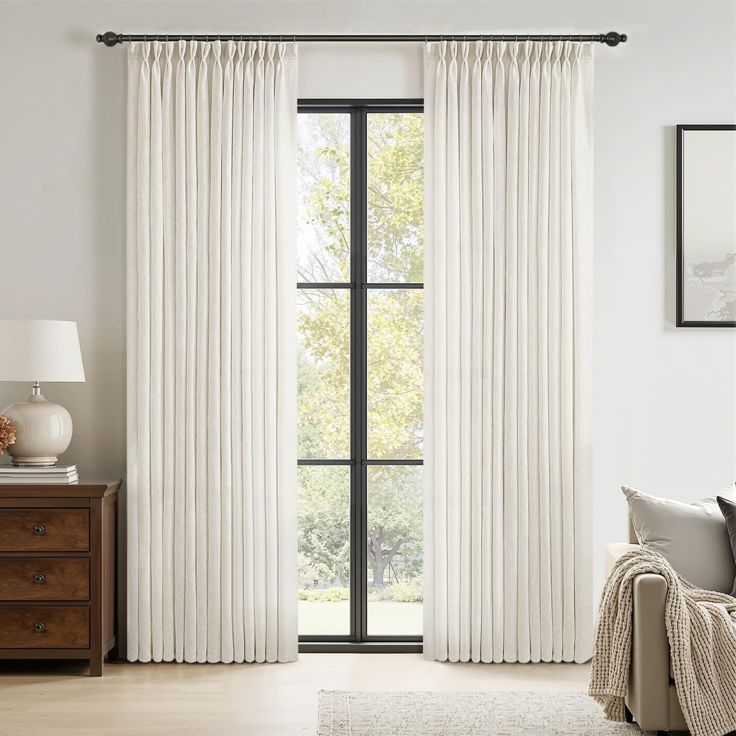 Elegant 108″ Natural Linen Pinch Pleated Curtains – 2 Panels, Semi-Sheer Cream