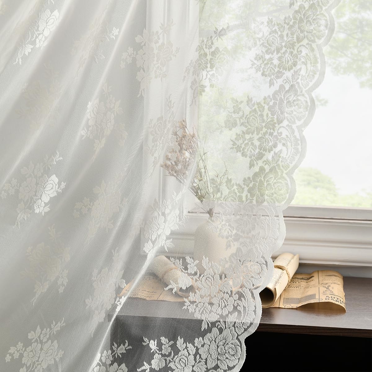 Ivory Lace Curtains 84 Inches Long 2 Panels, W52 x L84 Inch, Rusitc Floral Pa…