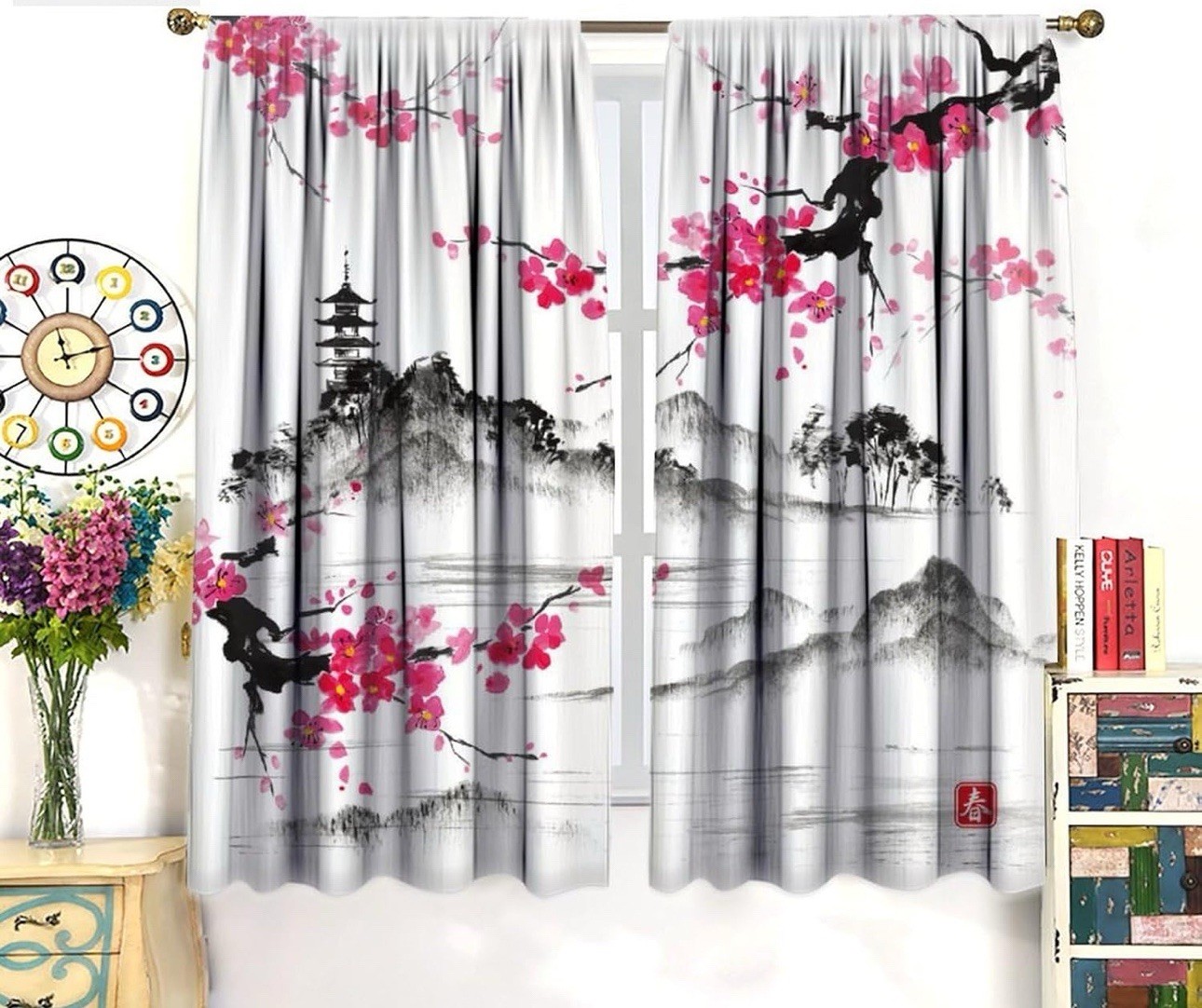 2 Panels Cherry Blossom Flowers Mountain Blackout Curtains W21xL45in